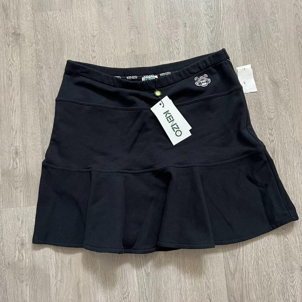 Kenzo Black Elastic Waist Pull-on Ruffled Mini Skirt Size L Embroidered Logo